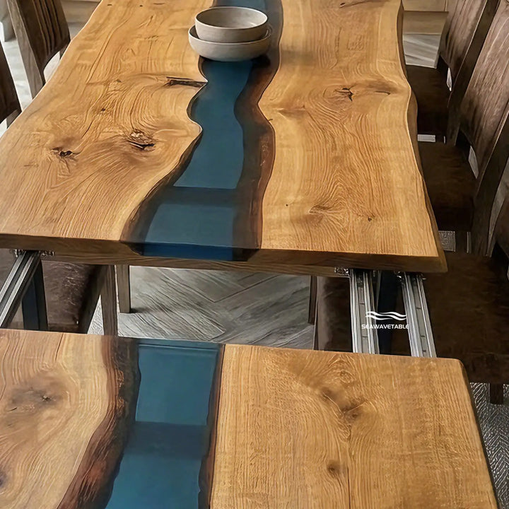Seawavetable‑Side profile view expandable table, solid black walnut straight edge, mirror finish blue epoxy, heavy‑duty extension hardware