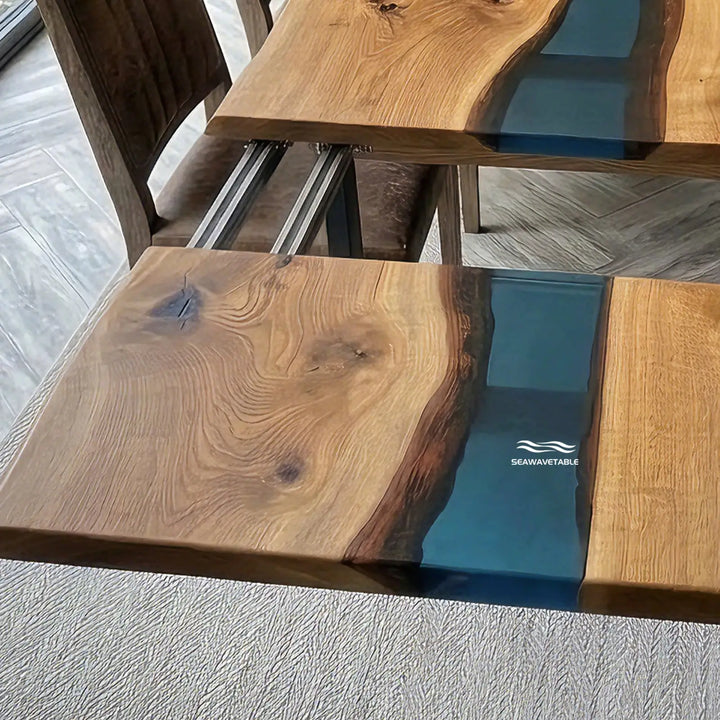 Seawavetable‑Modern living space styling, handmade black walnut expandable epoxy dining table, open‑concept home decor