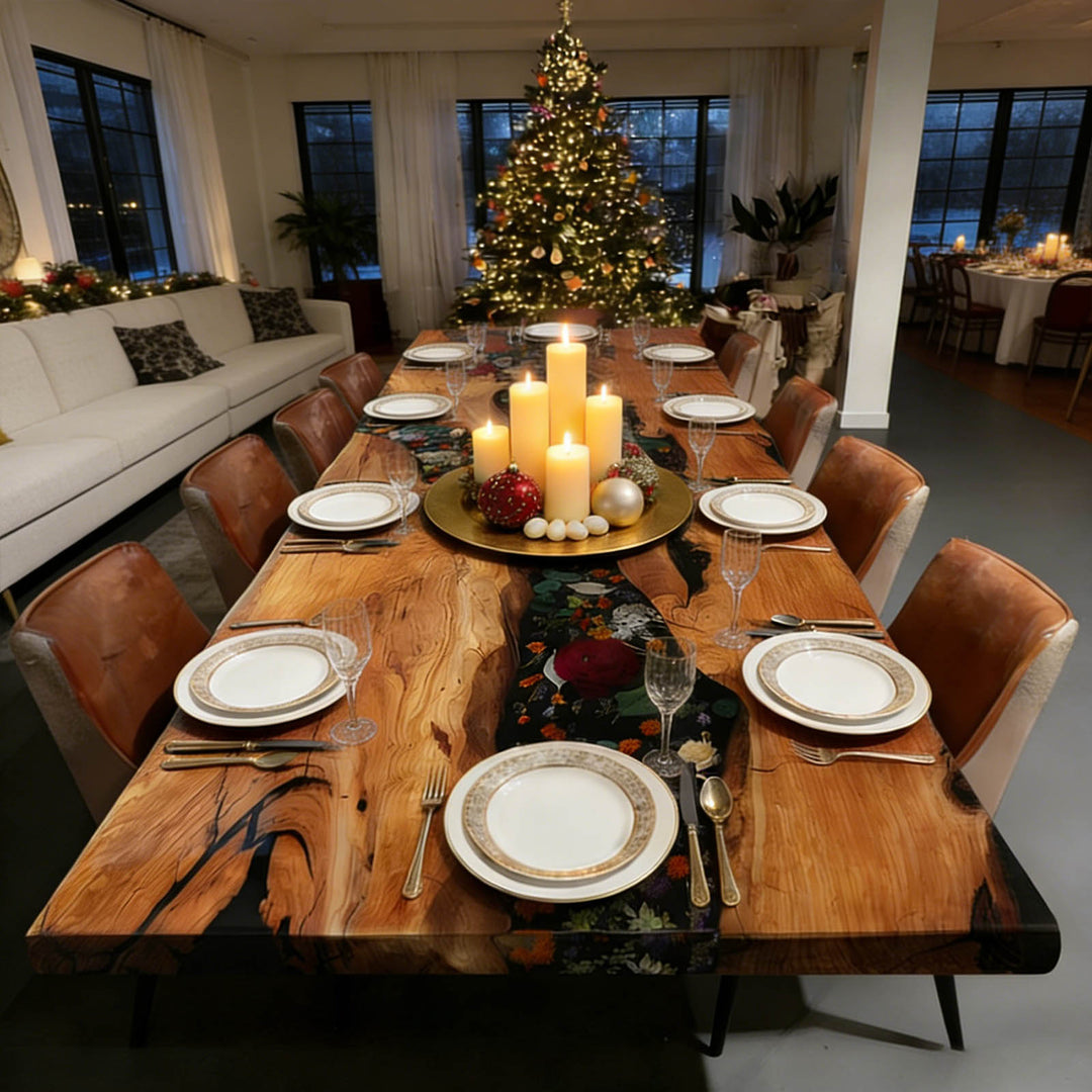 Custom floral dining table set for a festive meal with candles and decorations in a decorated room.