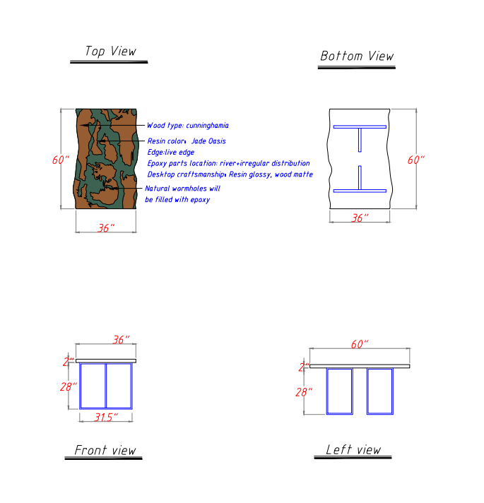 Seawavetable-Table Technical drawing showing top, bottom, front, and left views of a rectangular resin box with dimensions and labels for wood type, resin color, edge edge, epoxy parts location, resin gloss, and wood matte.