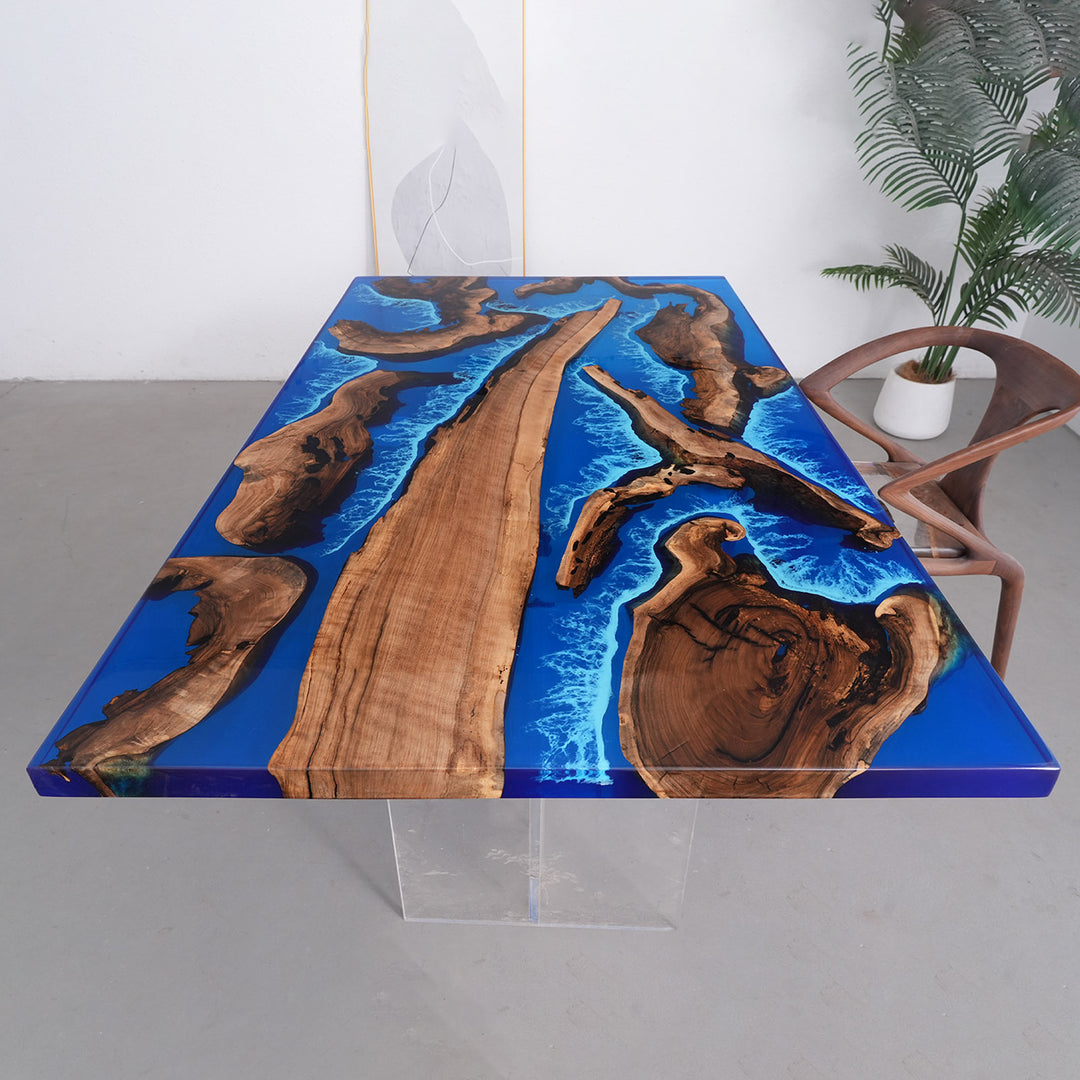 Long sofa bar table in natural wood with river-style resin highlight