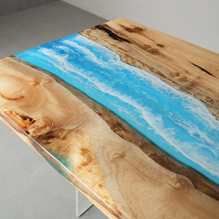 High-end epoxy dining table handcrafted from solid golden camphor