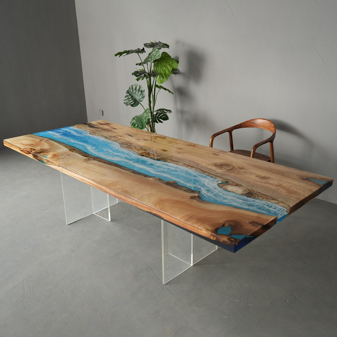 Straight edge walnut epoxy table with glossy resin finish