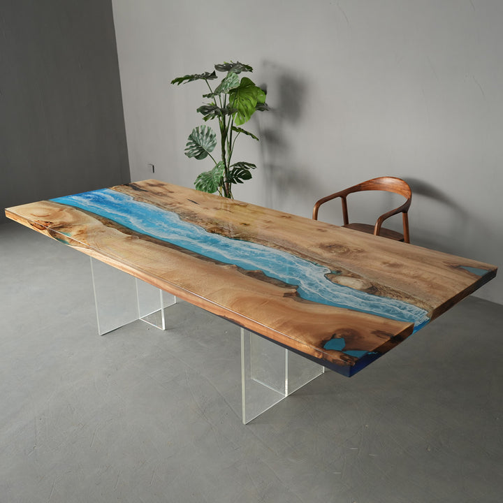 Straight edge walnut epoxy table with glossy resin finish