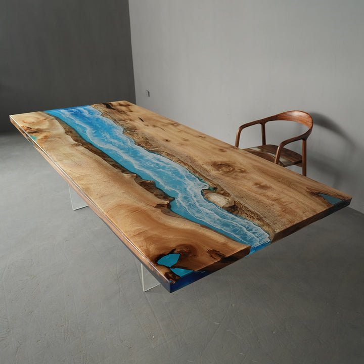 Solid golden camphor table with ocean blue resin river center