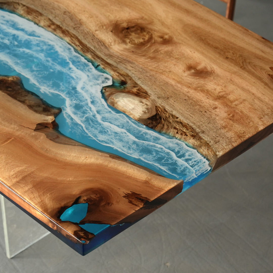 Epoxy river dining table featuring straight edges and high gloss top
