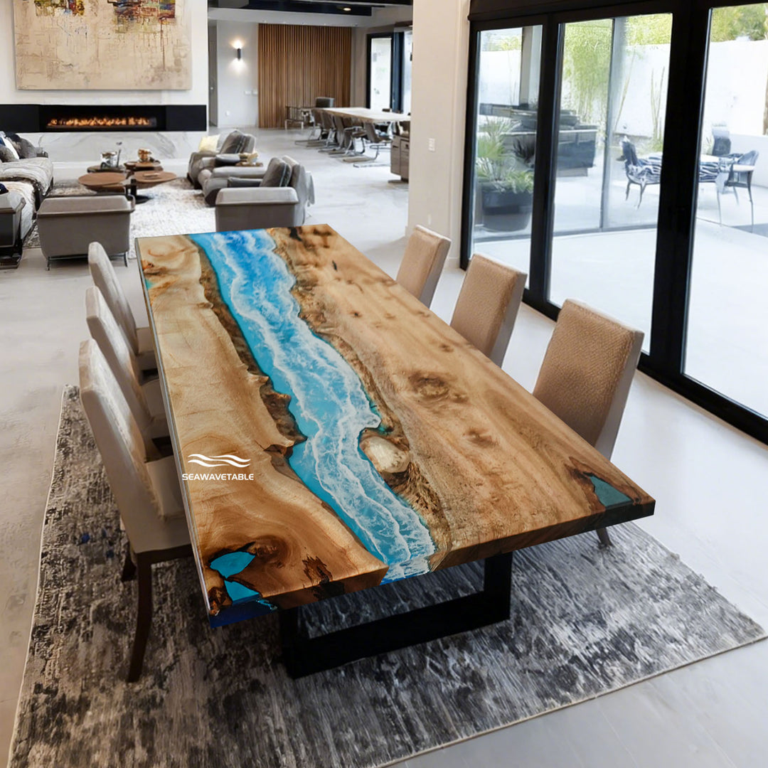 Blue river epoxy dining table with straight edges and golden camphor 