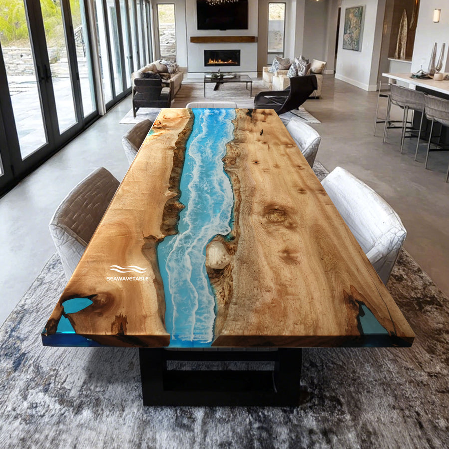 Modern straight edge style epoxy resin table with sky blue river design