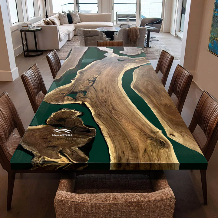Seawavetable-Texas Modern Walnut Resin Table with High-Gloss Clear Resin and Matte Wood