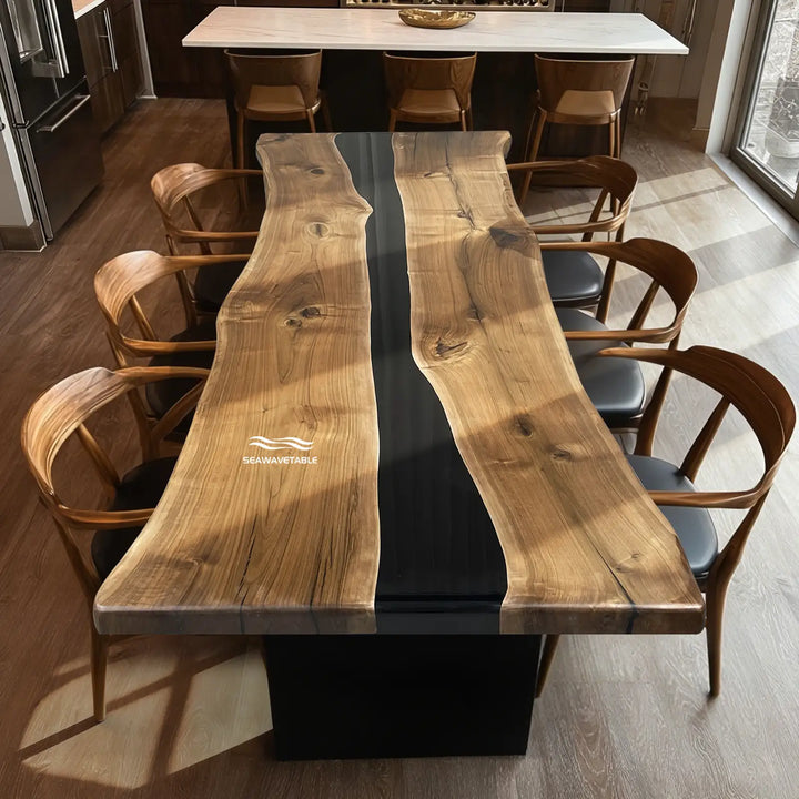 Toronto Urban Luxe live edge dining table with midnight black resin river
