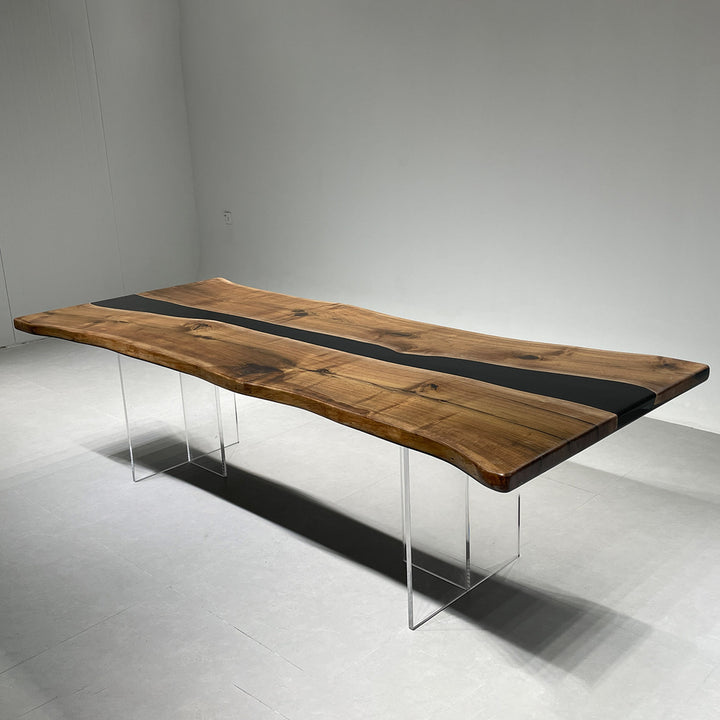 Modern minimalist wood dining table with glossy black resin river
