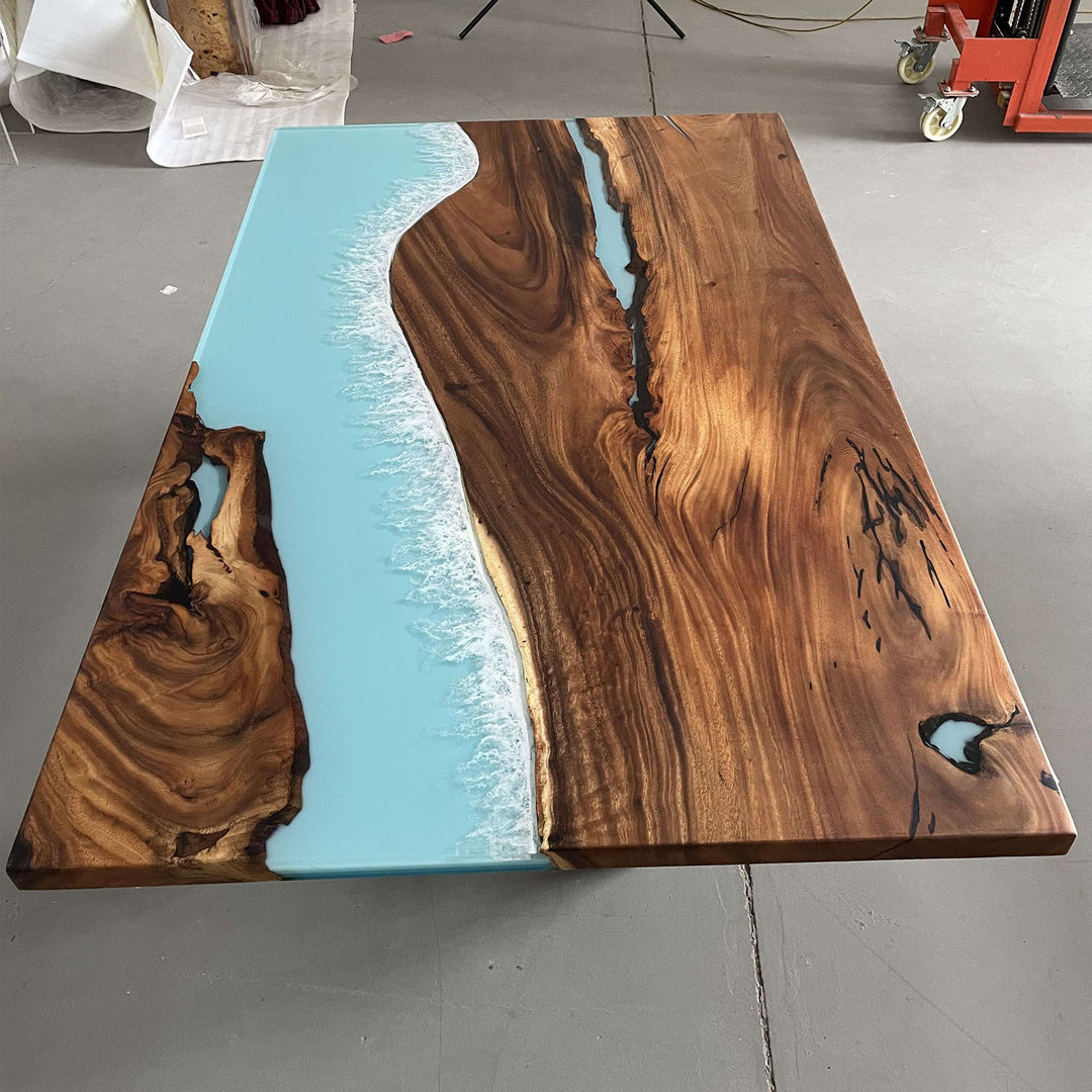 Walnut end table featuring epoxy resin inlays and live edge character
