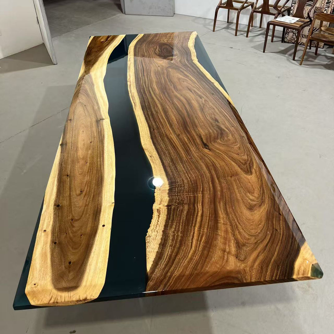 Walnut wood office desk featuring semi-transparent epoxy details