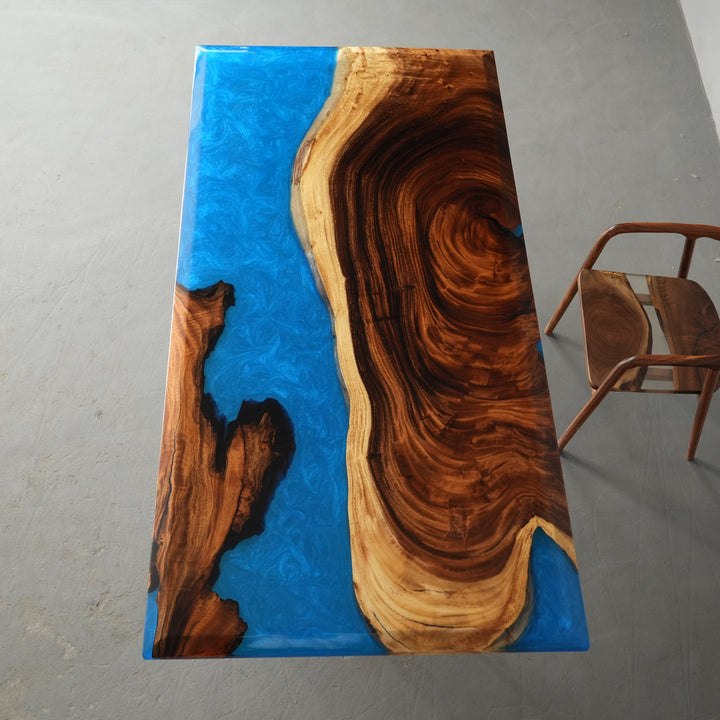Custom walnut dining table exhibition view highlighting the unique epoxy table inlay, smooth tabletop finish, and premium craftsmanship - SeaWaveTable