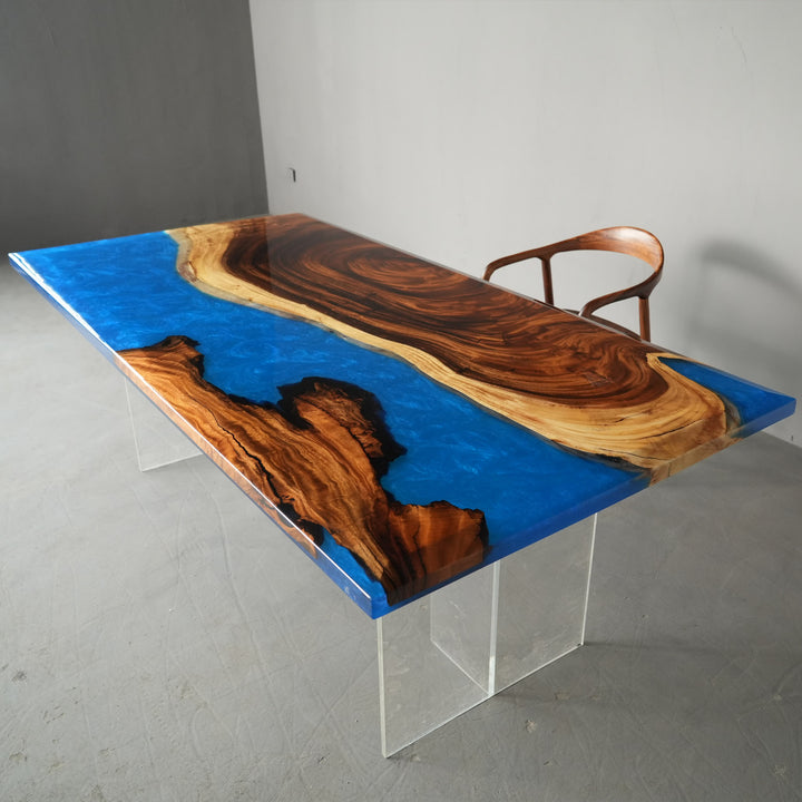 Walnut resin dining room table display showcasing natural wood patterns, glossy epoxy table surface, and handcrafted details - SeaWaveTable