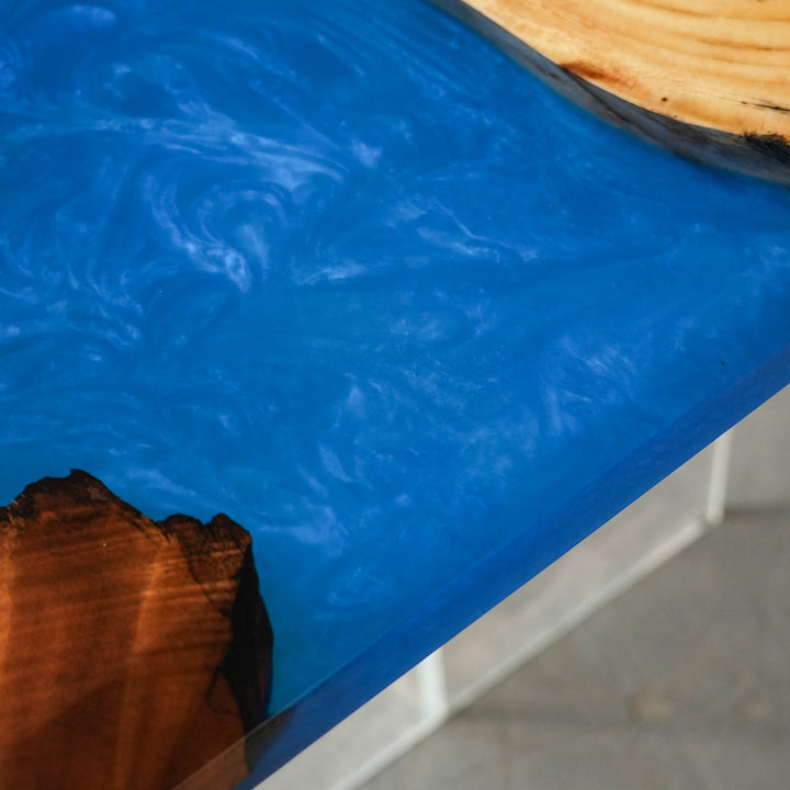Close-up of custom walnut dining room table top featuring glossy epoxy table details, natural grain variation, and polished finish - SeaWaveTable