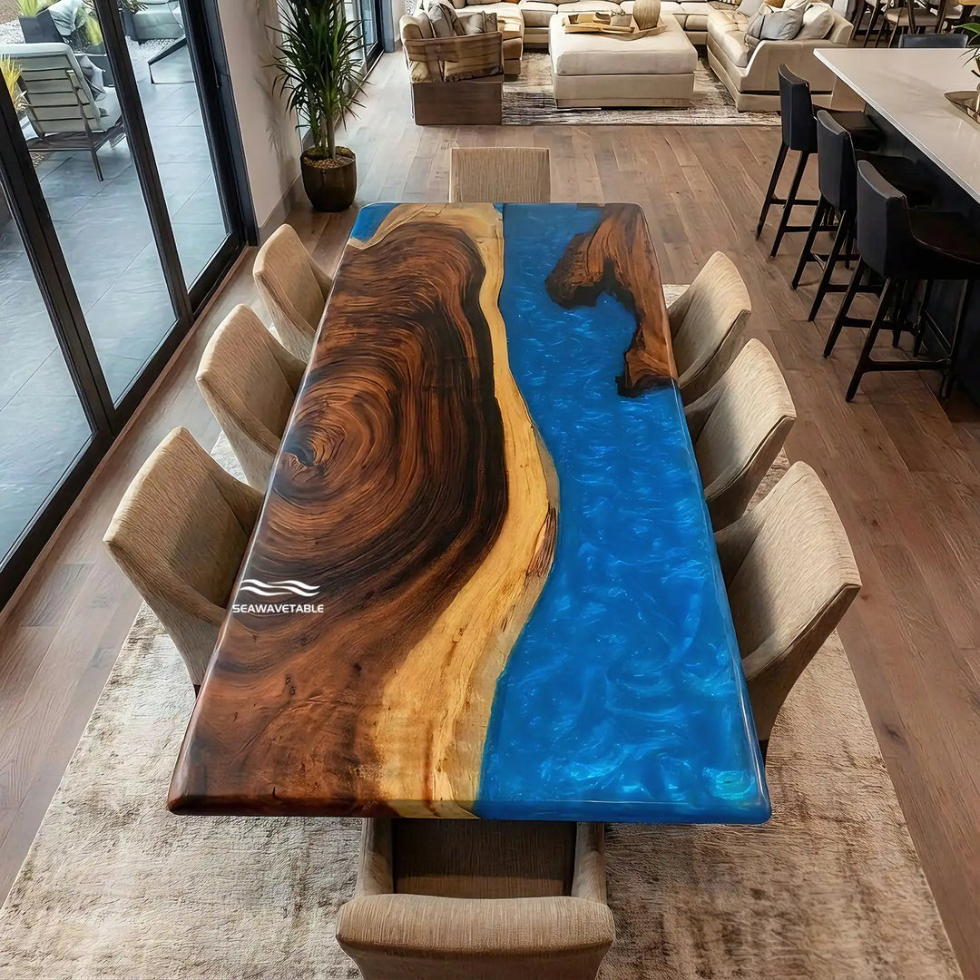 Walnut epoxy table placed in a spacious dining room with natural wood grain, flowing resin details, and a stylish dining room table arrangement - SeaWaveTable