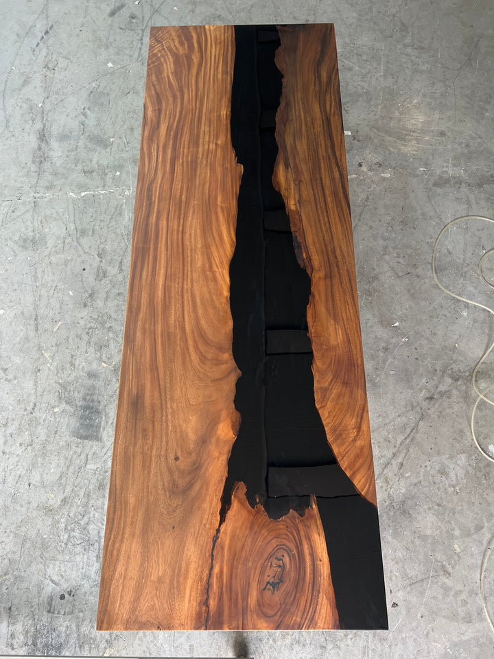Custom 30'' x 80'' Dark Stained Wood with Black Tones Resin Table -- Walnut
