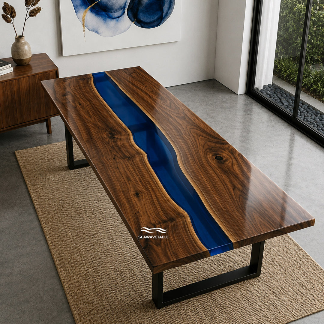 Architectural Black Walnut blue resin dining table CRT-337 with minimalist river design