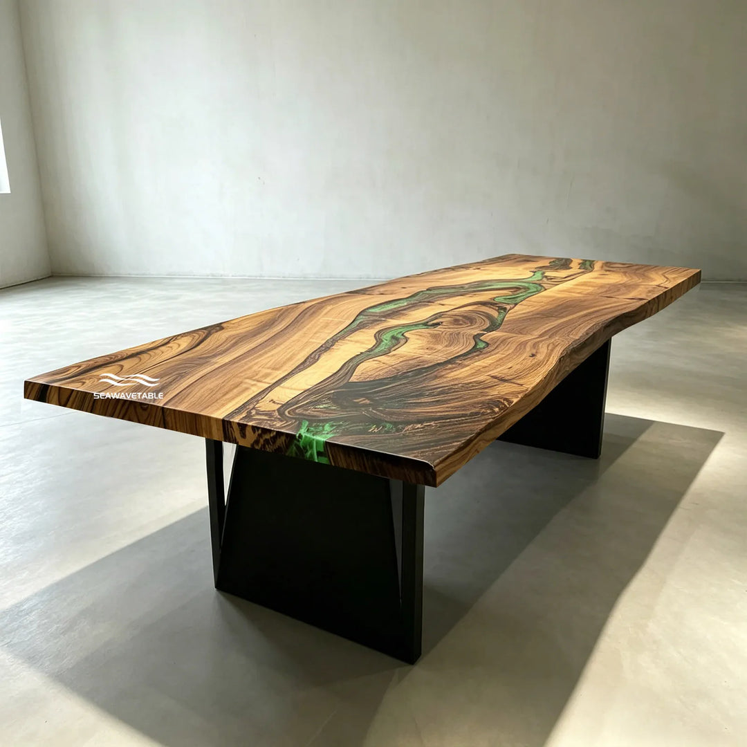 Architectural organic Black Walnut table detail CRT-336 with sculptural wood flow