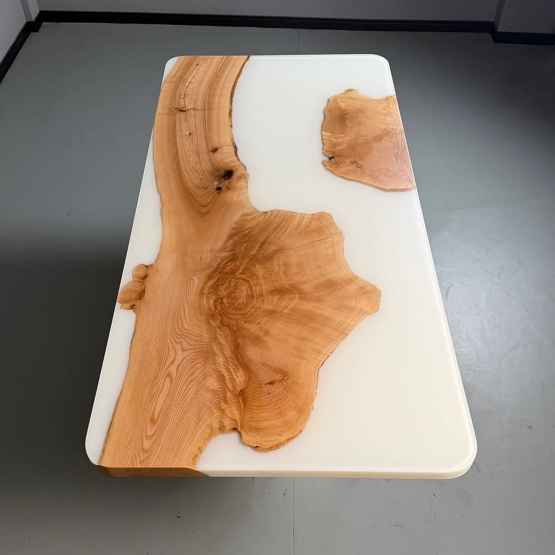 Ash Wood epoxy dining table with straight edges and rounded corners by SeawaveTable
