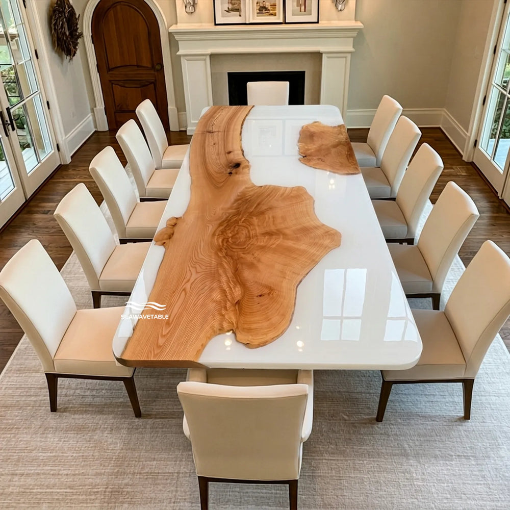 Ash Wood dining table with Lunar Silk epoxy resin by SeawaveTable