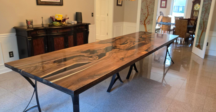 144" L × 42" W Walnut Epoxy Table