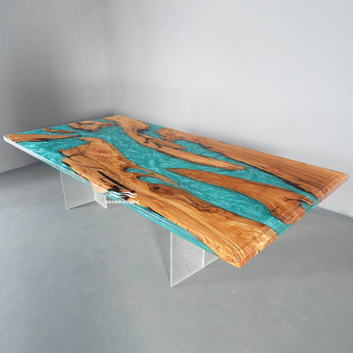 Beveled edge epoxy table detail showing angled edge finish on olive wood dining table
