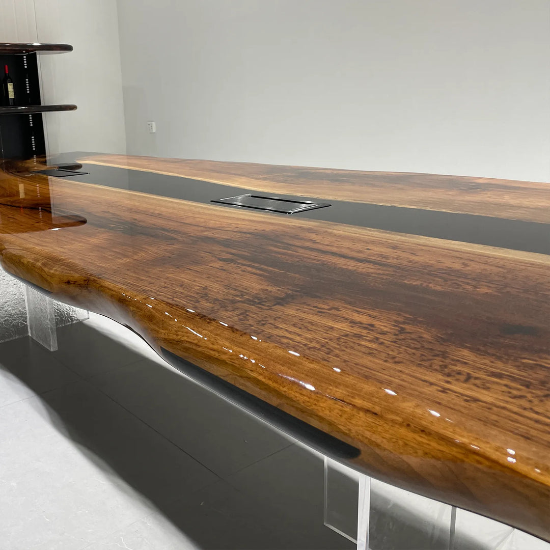 Glossy black epoxy conference table with Model B power modules by SeawaveTable