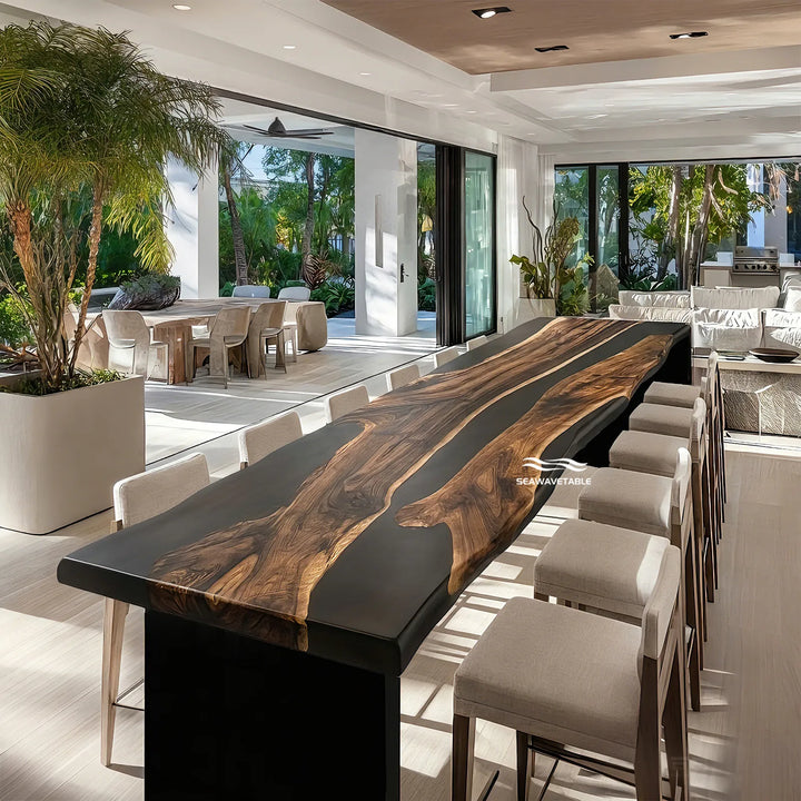 Close up of black epoxy resin river detail on solid wood table showing depth texture and modern design
