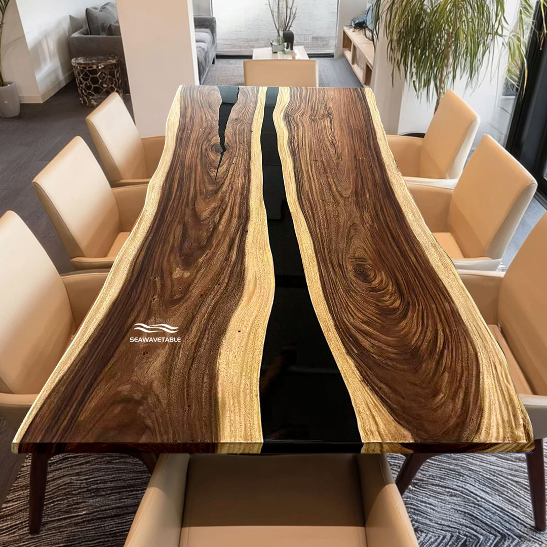 Wooden dining table with a unique design in a modern living room setting.