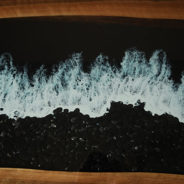 Black resin walnut table with embedded black stones