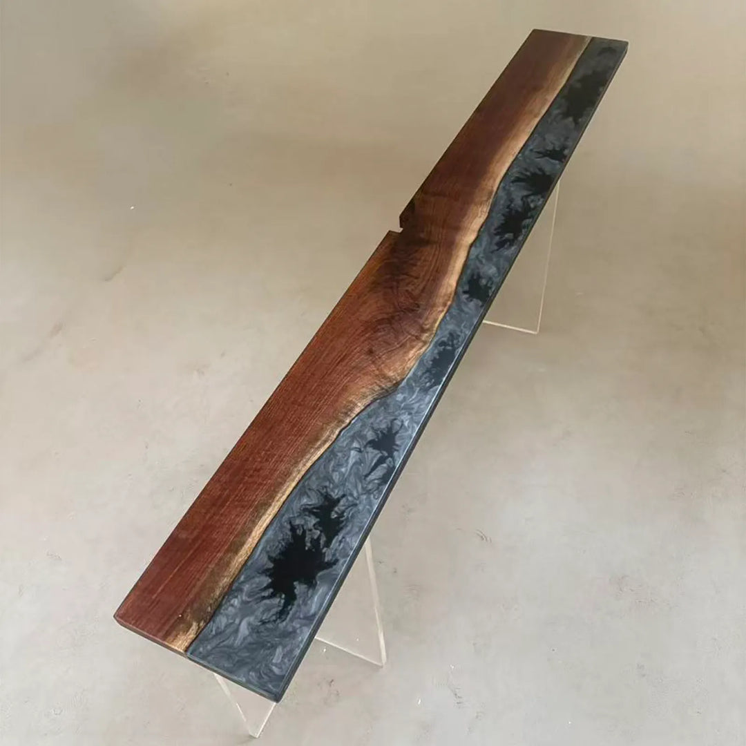 Black and silver epoxy detail on Black Walnut floating shelf by SeawaveTable