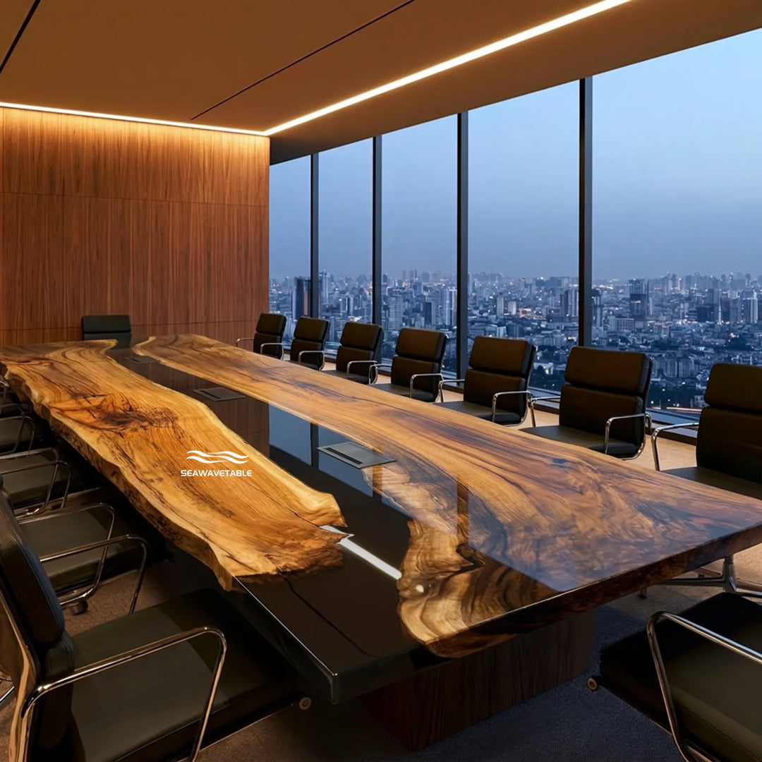 Black Walnut and glossy black epoxy boardroom conference table by SeawaveTable