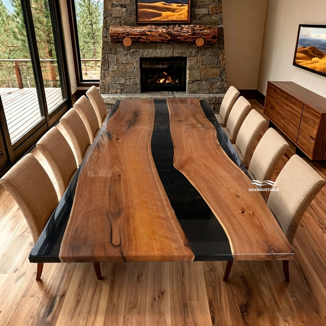 Black Walnut black epoxy river dining table by SeawaveTable