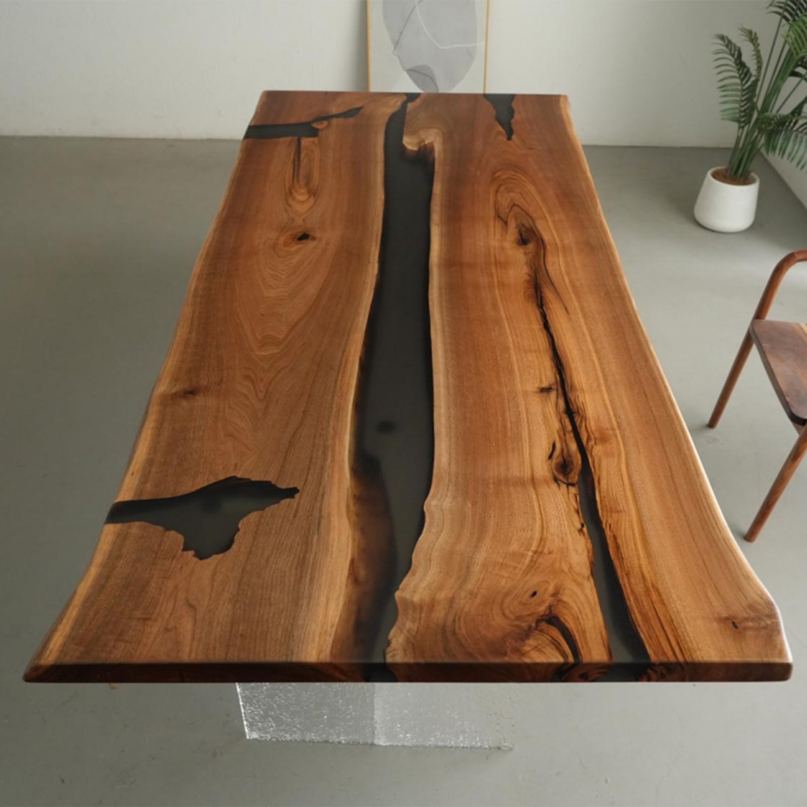 Polished table edge showing smooth transitions between black walnut and epoxy resin