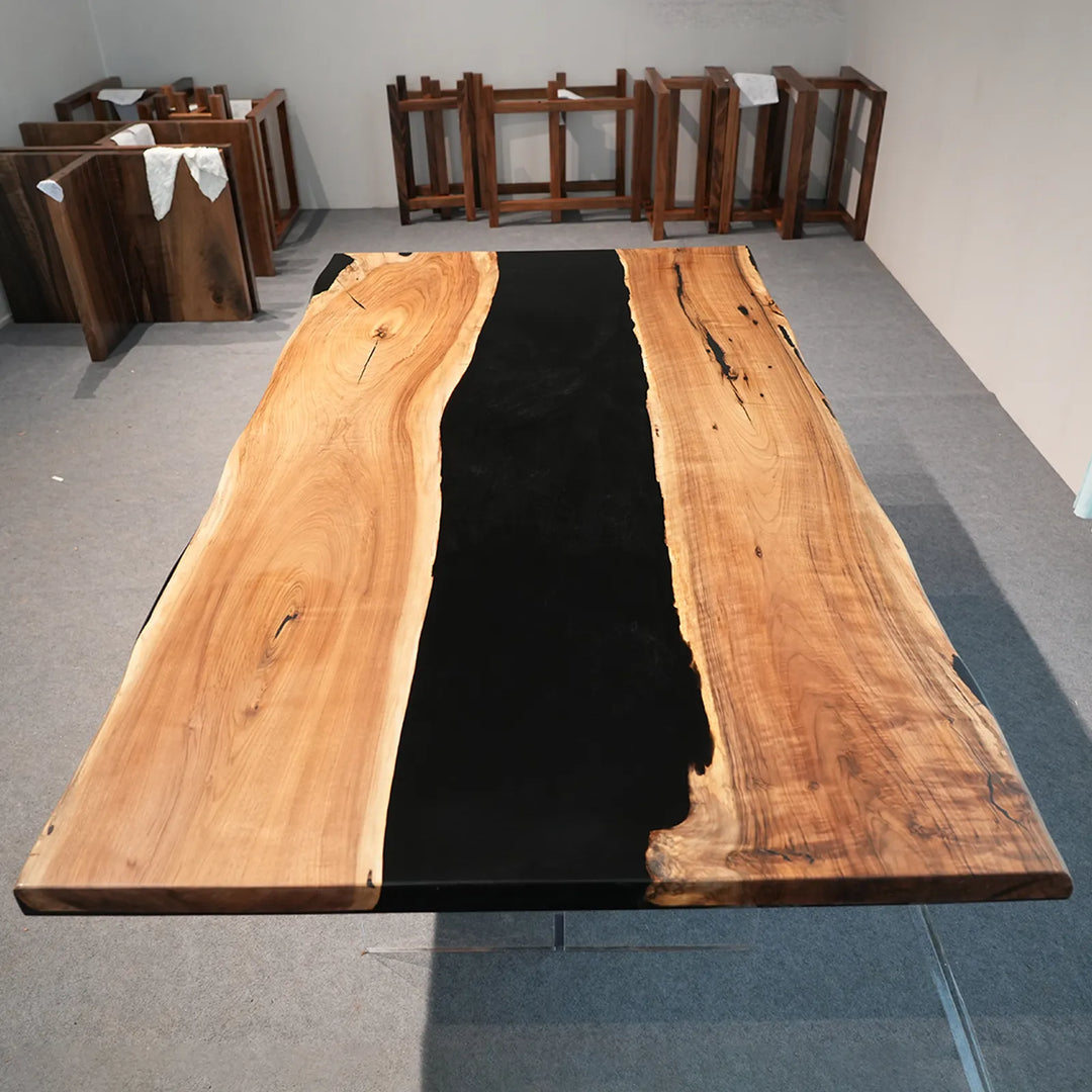 Black Walnut table with organic glossy black epoxy river by SeawaveTable