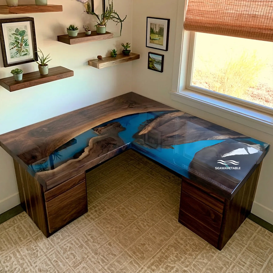 Black Walnut and blue epoxy L-shaped executive desk