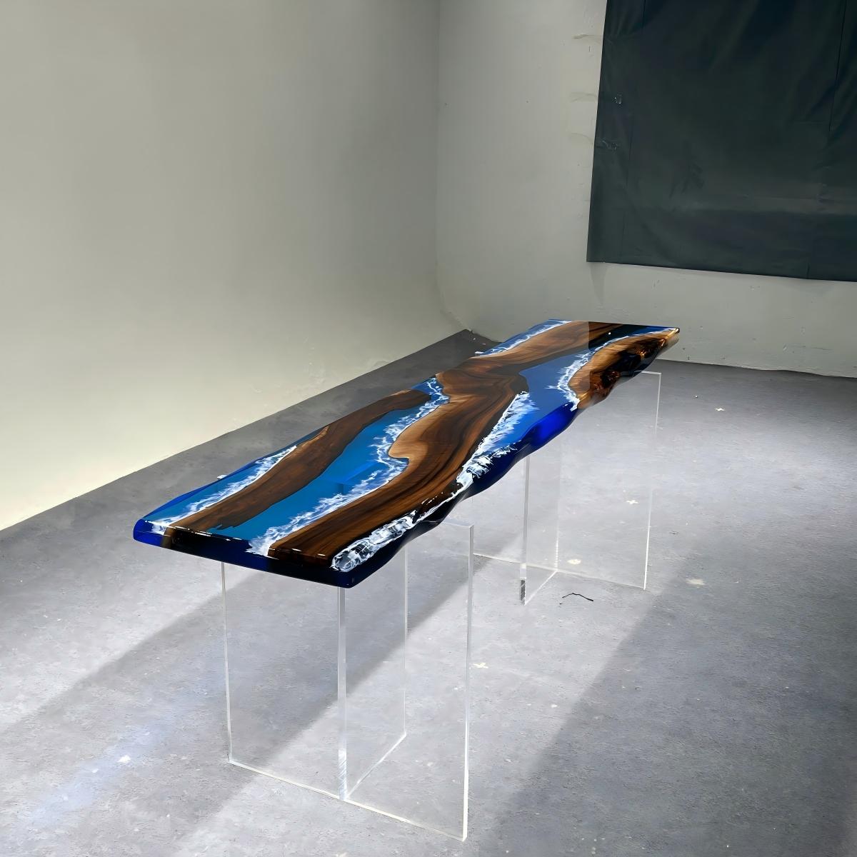 Black walnut live edge console table with transparent blue resin and white wave epoxy