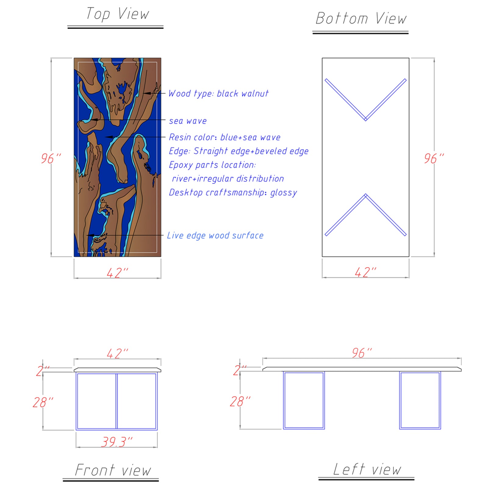 CAD design for custom black walnut table with deep blue transparent resin and white wave details
