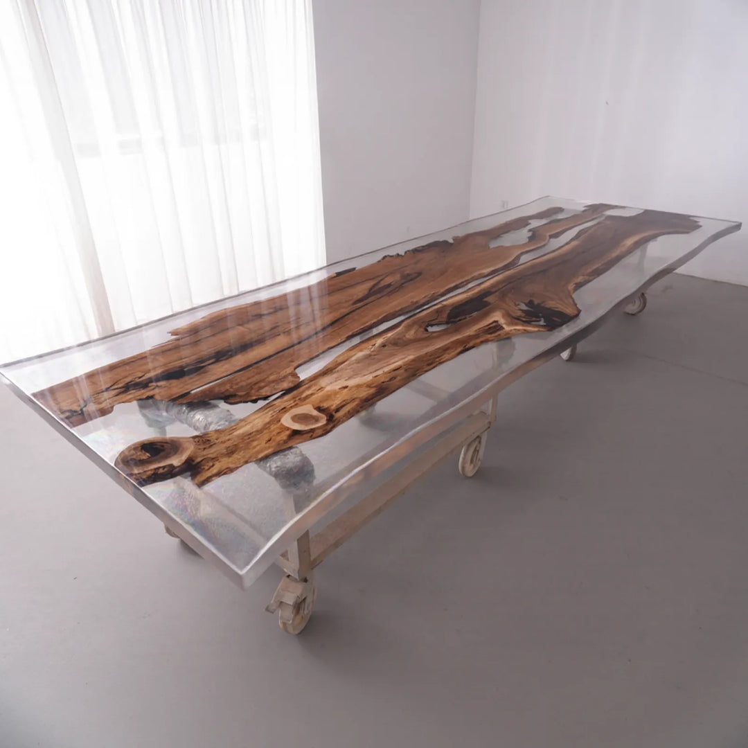 Natural Black Walnut grain and irregular clear epoxy tabletop detail