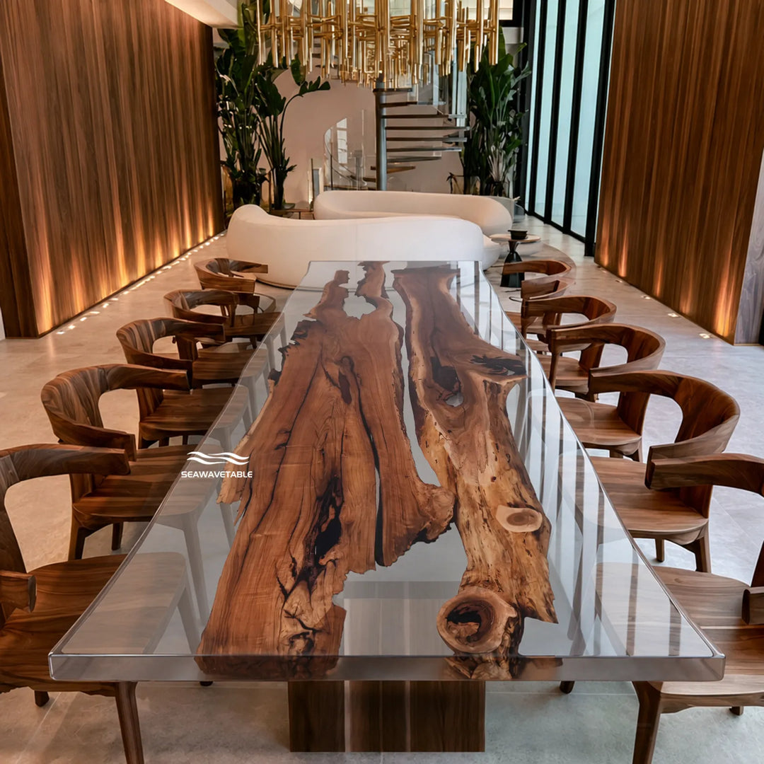 Black Walnut conference table with irregular clear resin details