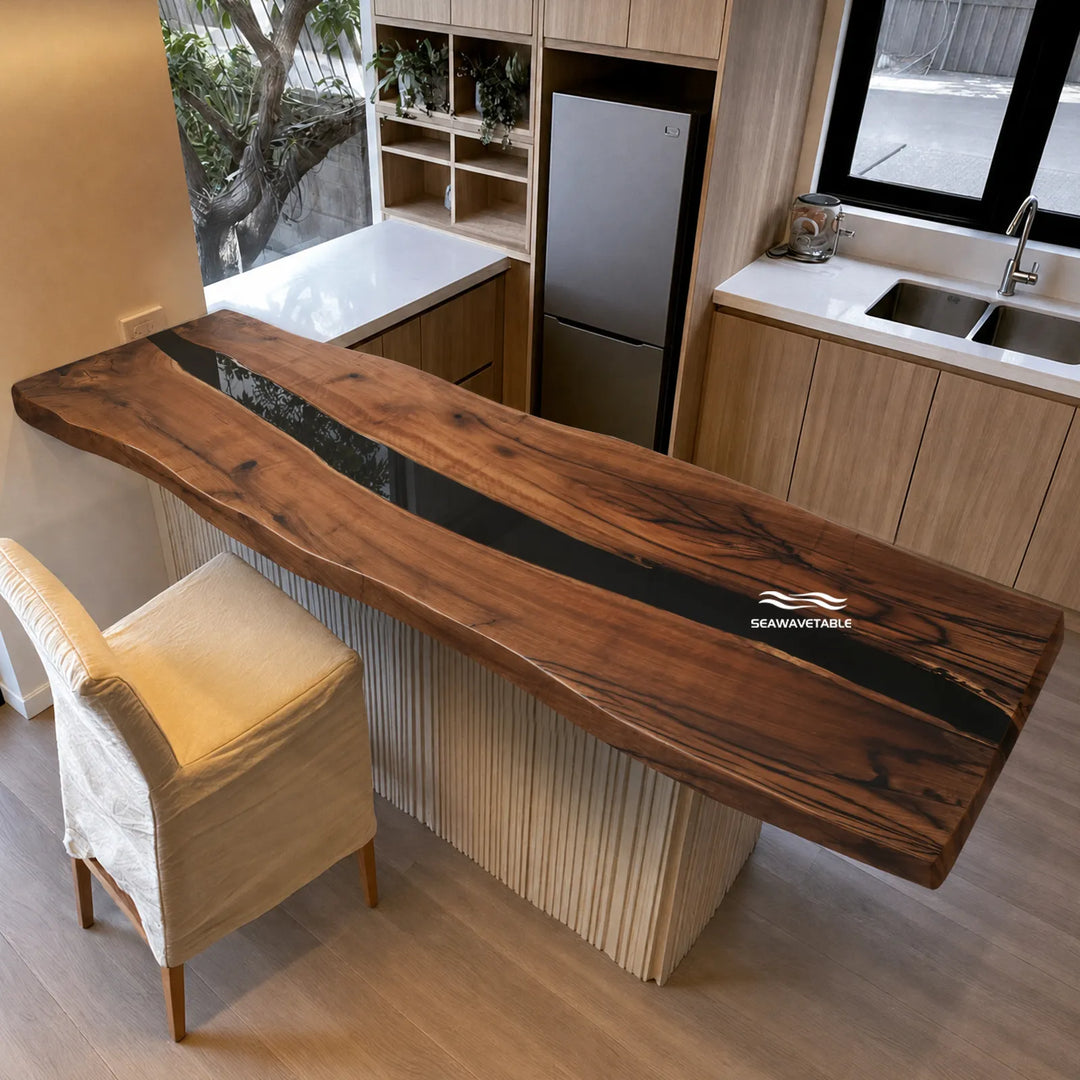 Top view of Black Walnut and solid black epoxy conference table