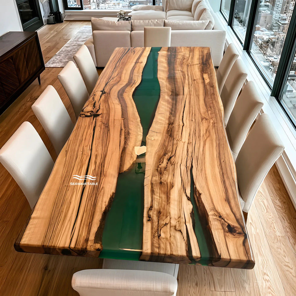 Black Walnut live edge dining table with Deep Teal epoxy by SeawaveTable