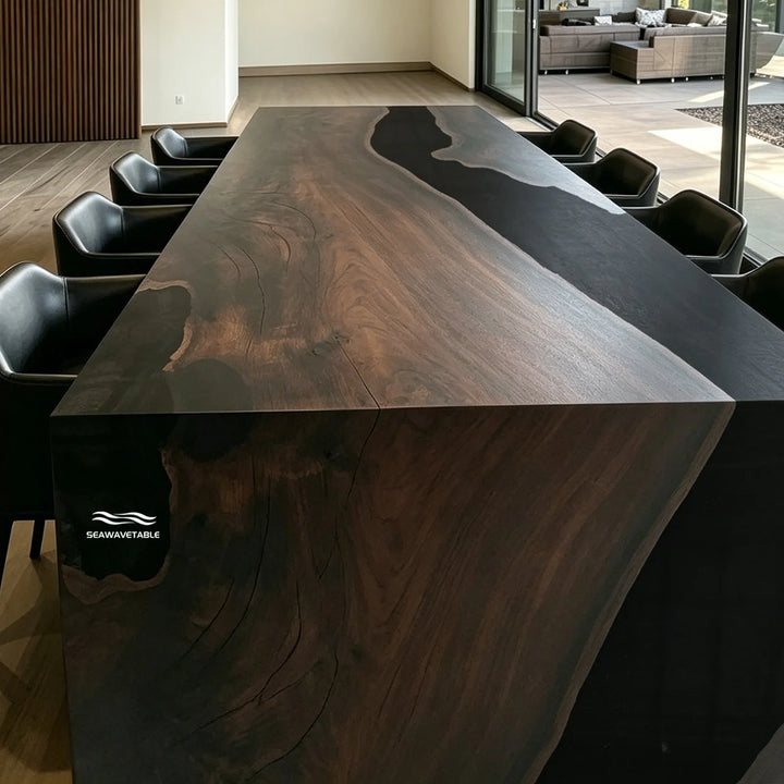 Custom black walnut epoxy dining table in residential dining space