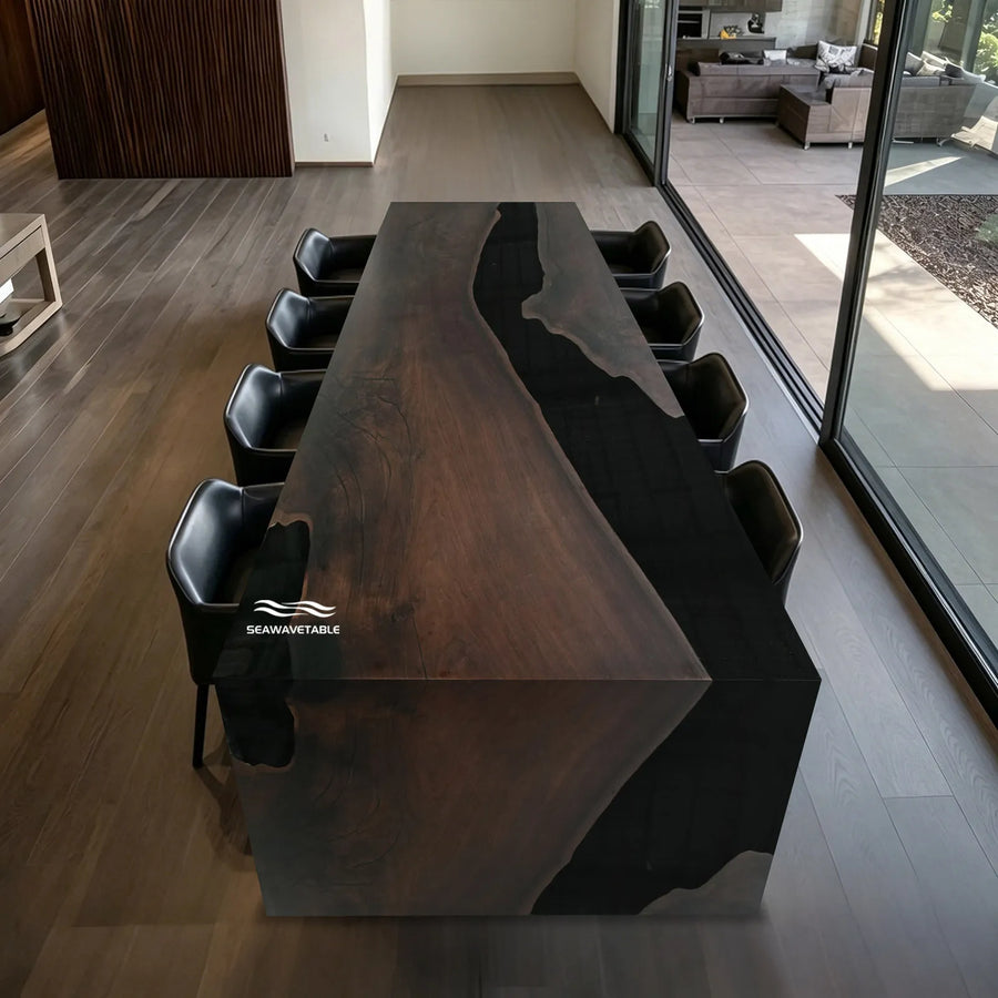 Black walnut epoxy dining table in modern dining room with waterfall edge