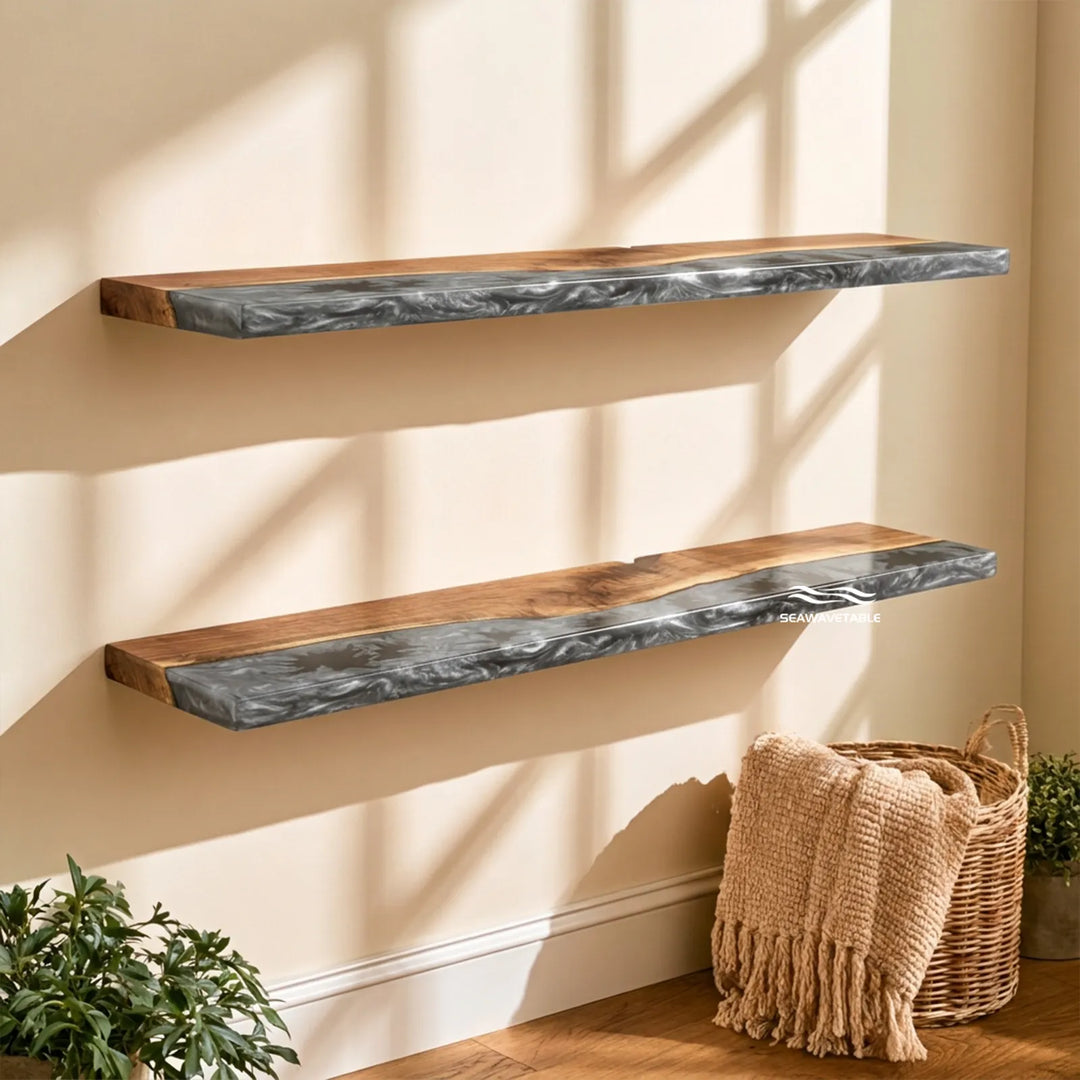 Black Walnut floating wall shelf with black and silver epoxy by SeawaveTable