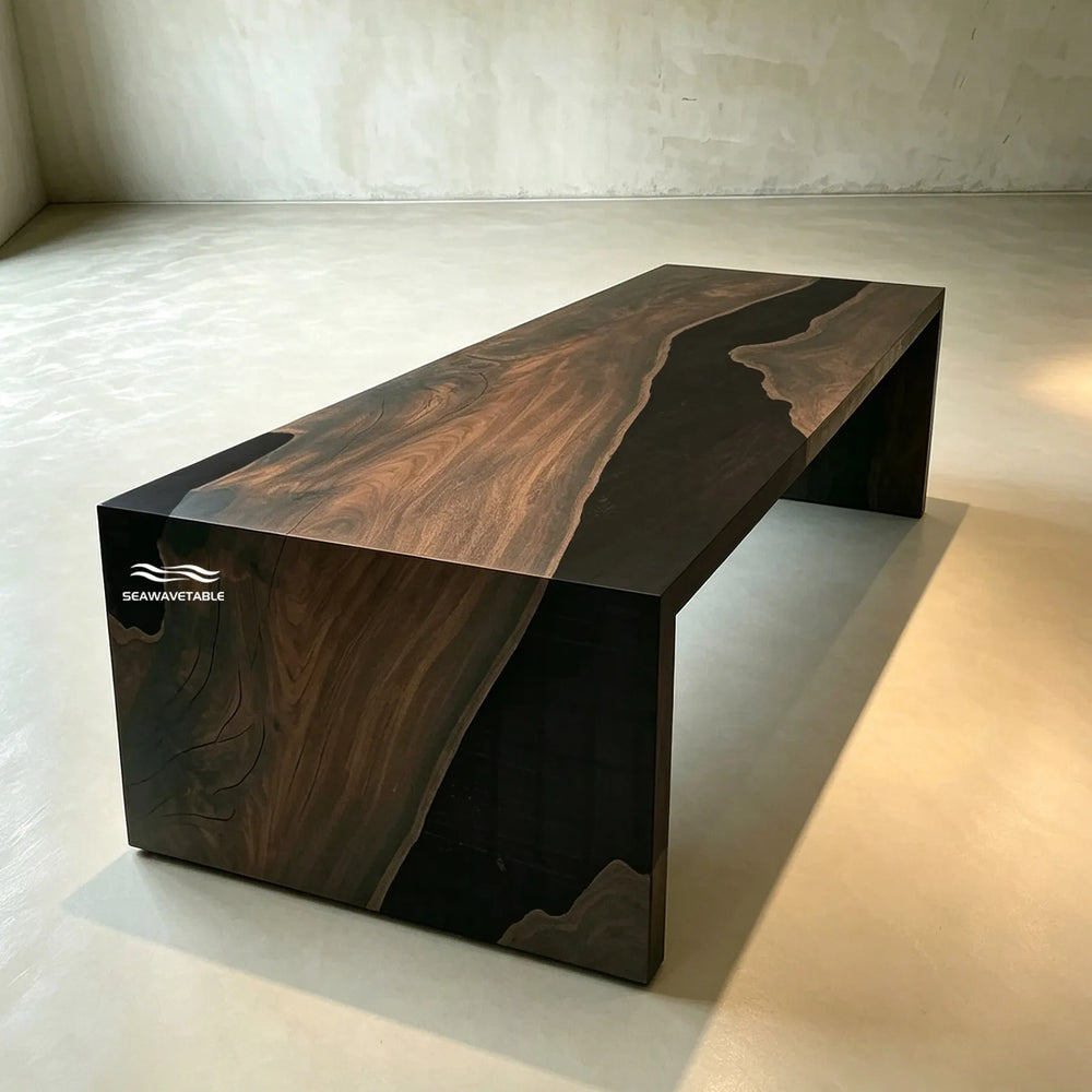 Black walnut epoxy river table in modern conference room with waterfall design