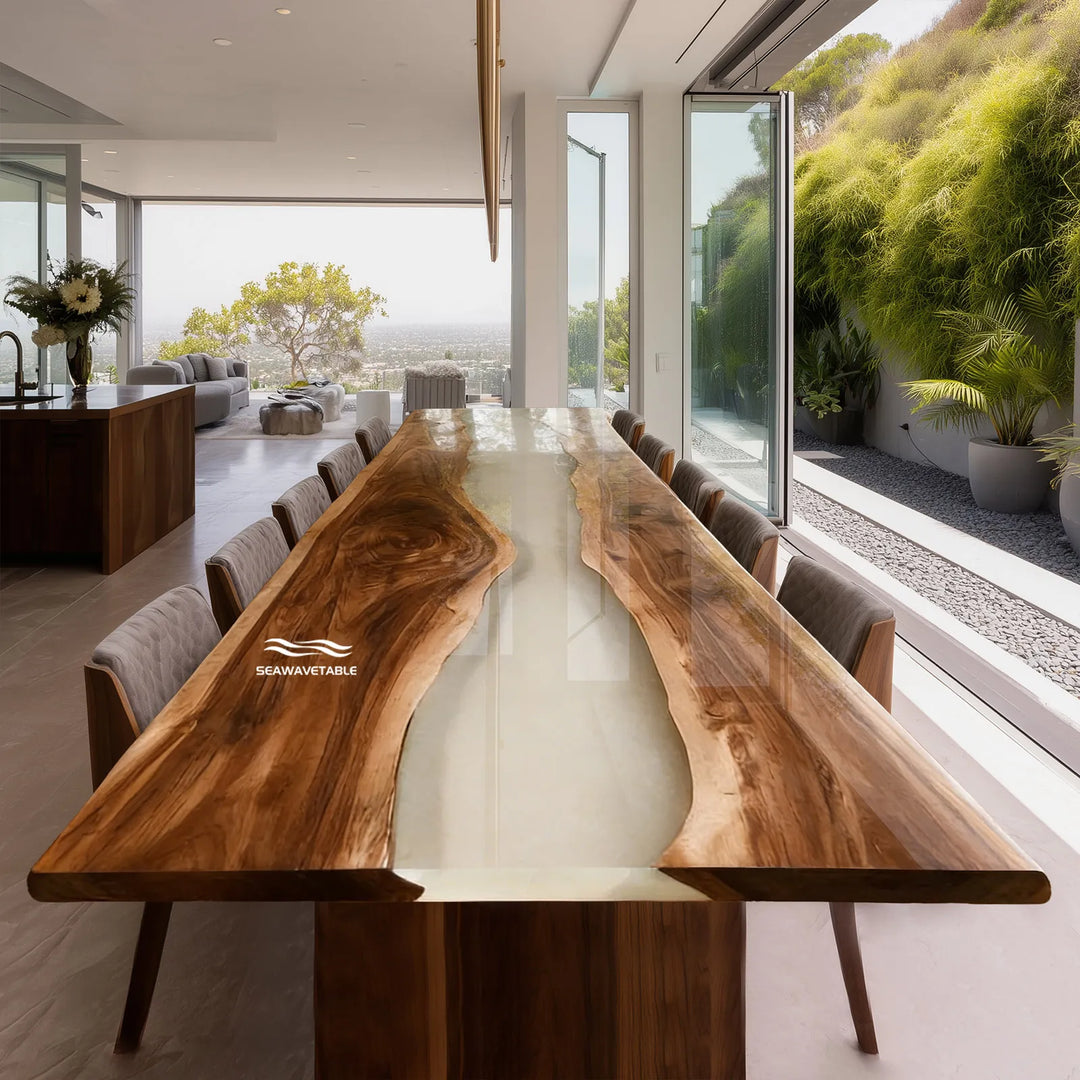Black walnut epoxy river table CRT-335 with creamy white translucent resin by SeawaveTable