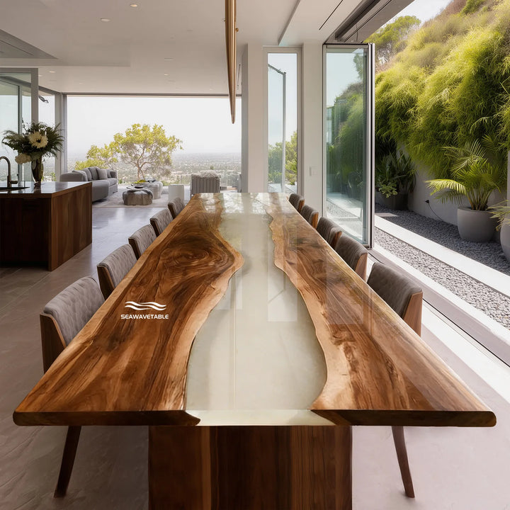 Black walnut epoxy river table CRT-335 with creamy white translucent resin by SeawaveTable